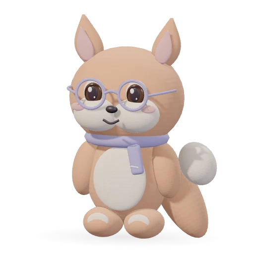 Apricot fox wearing round glasses and a lilac scarf, with freckles.